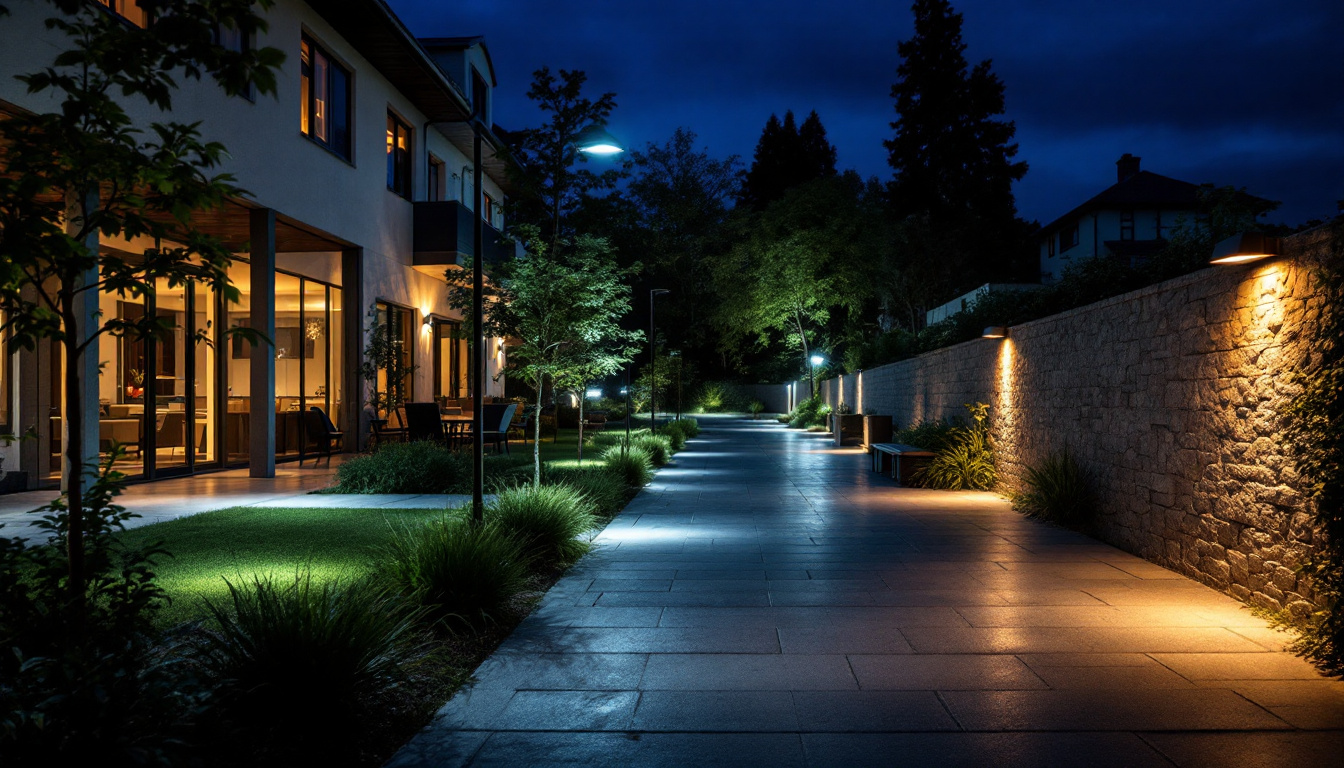 A photograph of a well-lit outdoor space showcasing various lighting products in use