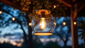 A photograph of a beautifully designed large outdoor hanging light fixture illuminated at dusk