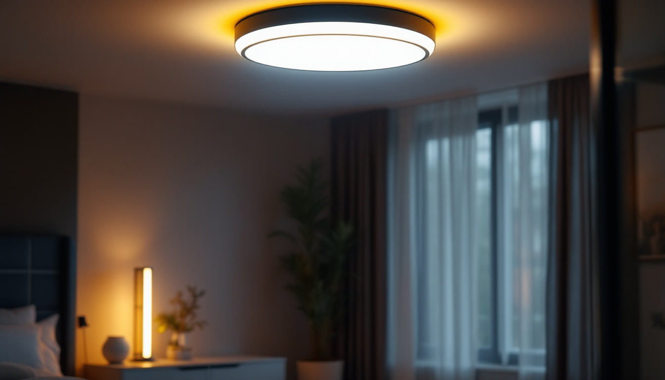 A photograph of a beautifully designed led flush mount light fixture installed in a modern home setting