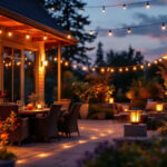 A photograph of a beautifully lit patio featuring various solar lights in different styles and configurations