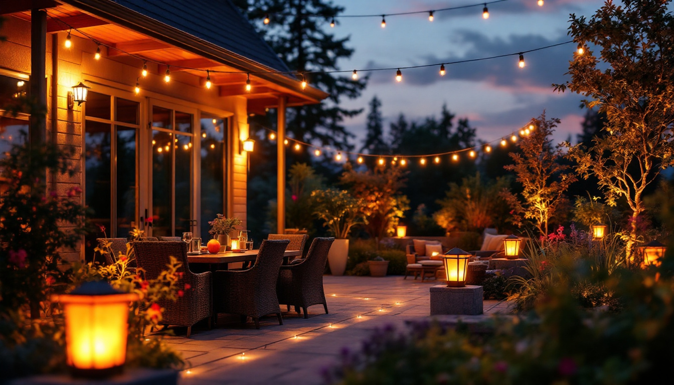 A photograph of a beautifully lit patio featuring various solar lights in different styles and configurations