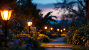 A photograph of a beautifully lit garden at dusk
