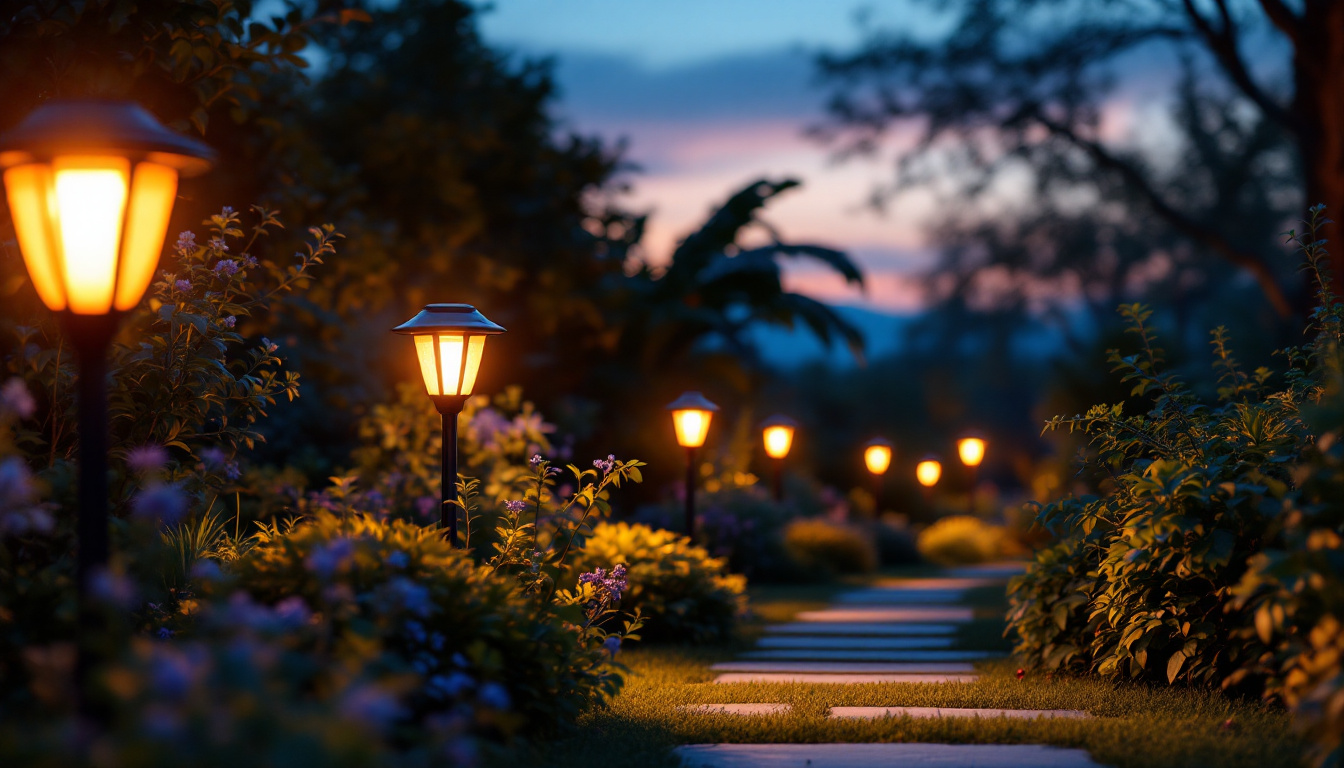 A photograph of a beautifully lit garden at dusk