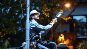 A photograph of a lighting contractor installing an led pole light in an outdoor setting