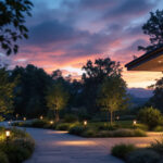 A photograph of a beautifully lit outdoor scene transitioning from dusk to dawn