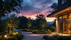 A photograph of a beautifully lit outdoor scene transitioning from dusk to dawn
