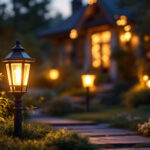 A photograph of a beautifully illuminated outdoor house lamp in a cozy garden setting during twilight