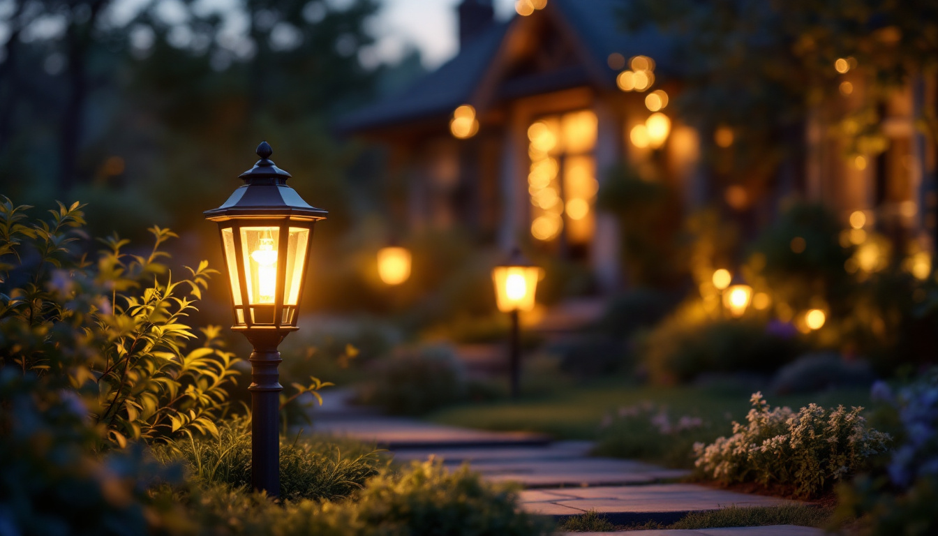 A photograph of a beautifully illuminated outdoor house lamp in a cozy garden setting during twilight