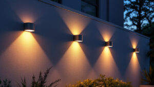 A photograph of a beautifully illuminated exterior wall featuring various styles of wall mount lights in a residential setting