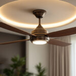 A photograph of a beautifully designed ceiling fan with an elegant light kit