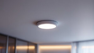 A photograph of a modern recessed light fixture installed in a stylish interior setting