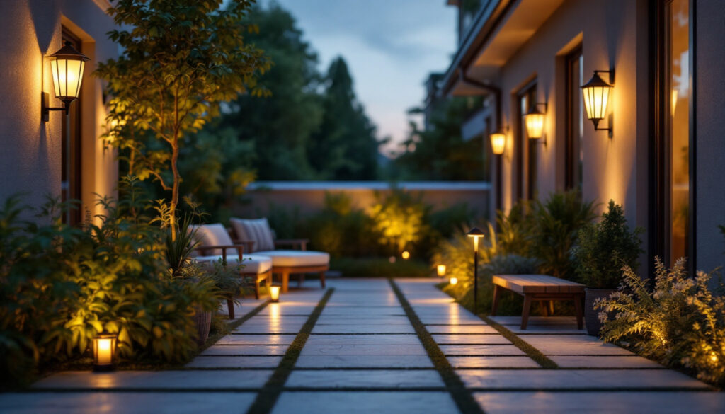 A photograph of a well-lit outdoor space showcasing various solar-powered lighting fixtures