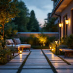 A photograph of a well-lit outdoor space showcasing various solar-powered lighting fixtures