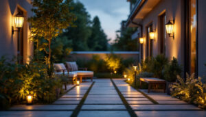 A photograph of a well-lit outdoor space showcasing various solar-powered lighting fixtures
