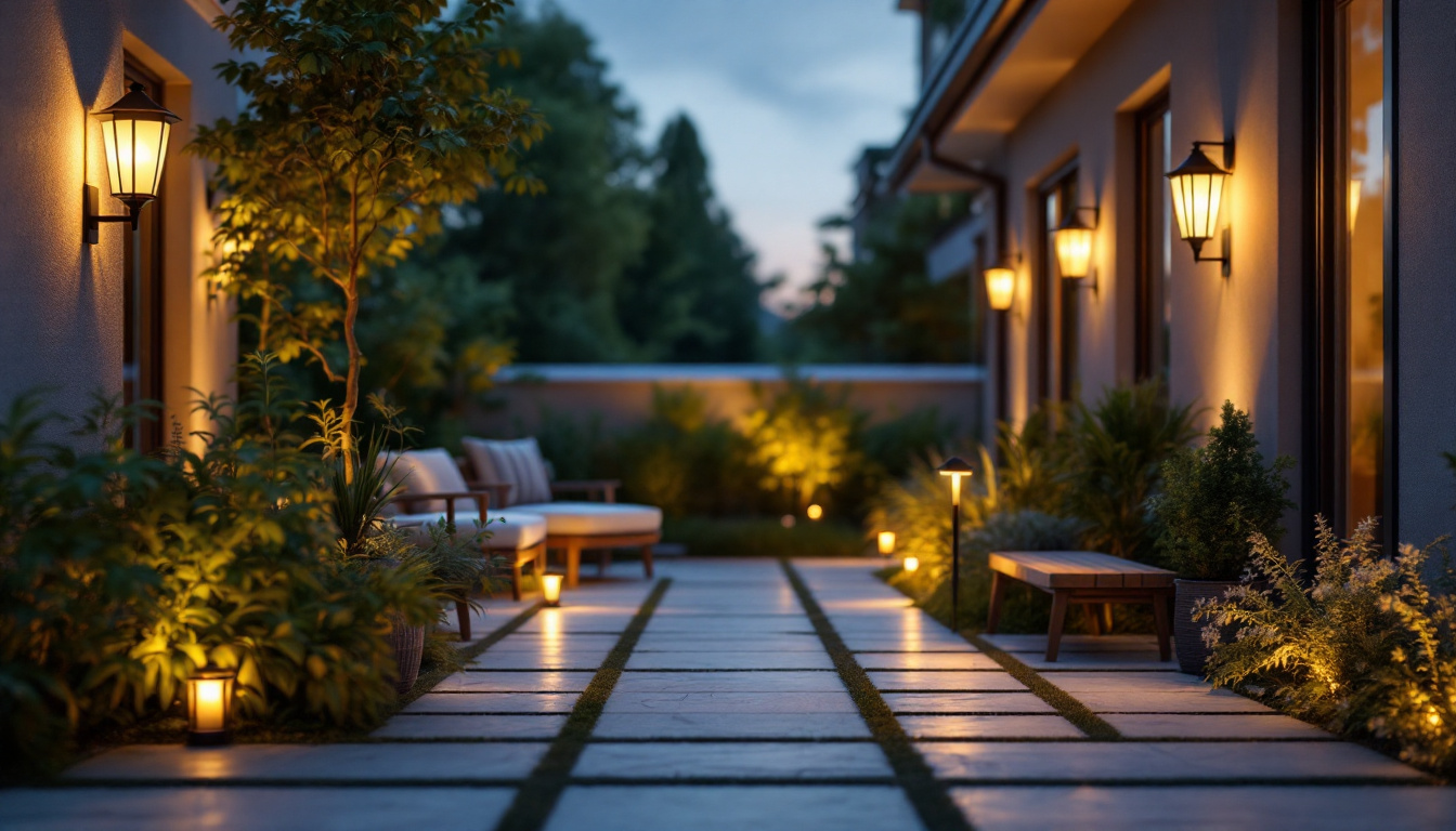 A photograph of a well-lit outdoor space showcasing various solar-powered lighting fixtures