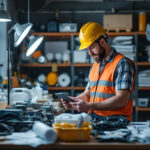A photograph of a lighting contractor inspecting a well-organized workspace filled with various light canisters