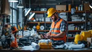 A photograph of a lighting contractor inspecting a well-organized workspace filled with various light canisters