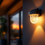 A photograph of a beautifully designed wall mount solar lamp illuminating a cozy outdoor space at dusk