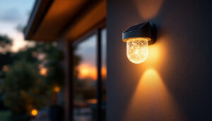 A photograph of a beautifully designed wall mount solar lamp illuminating a cozy outdoor space at dusk