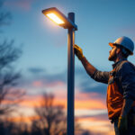 A photograph of a lighting contractor inspecting a modern street post light at dusk