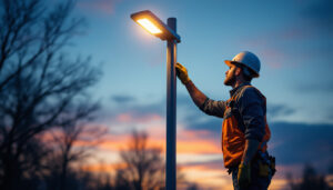 A photograph of a lighting contractor inspecting a modern street post light at dusk