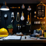 A photograph of a well-organized lighting contractor's workspace featuring an array of led lights