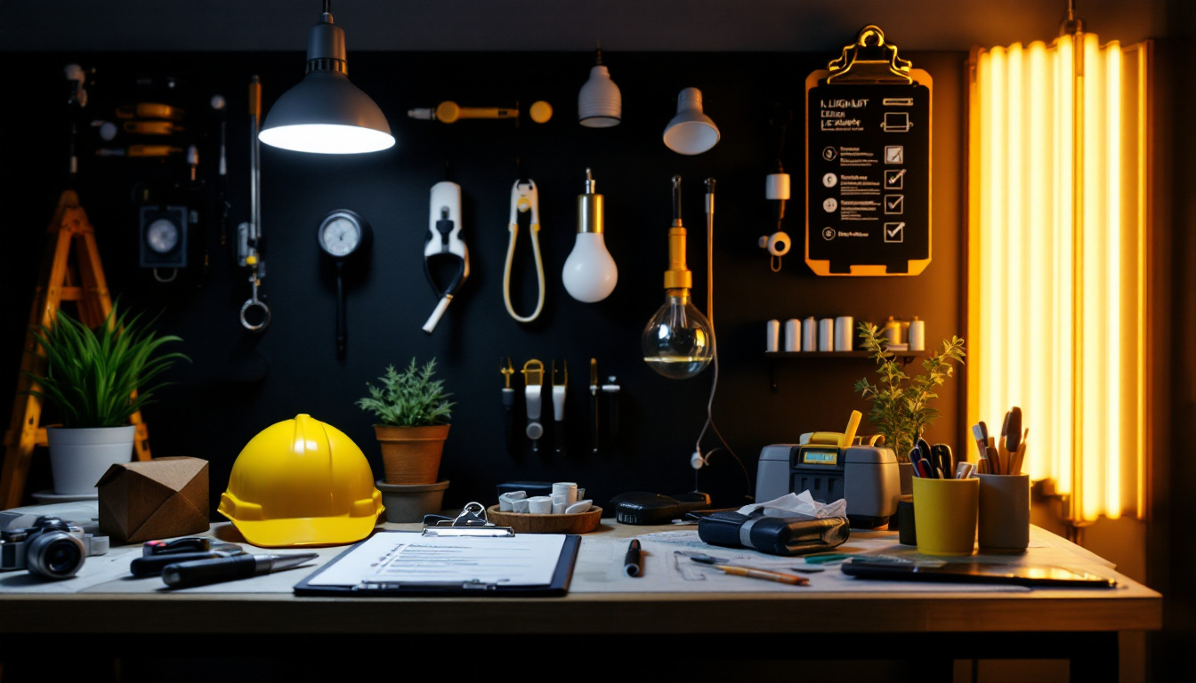 A photograph of a well-organized lighting contractor's workspace featuring an array of led lights