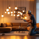 A photograph of a lighting contractor installing or showcasing vibrant led round lights in a modern residential or commercial space