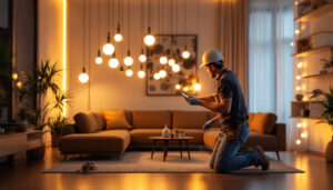 A photograph of a lighting contractor installing or showcasing vibrant led round lights in a modern residential or commercial space