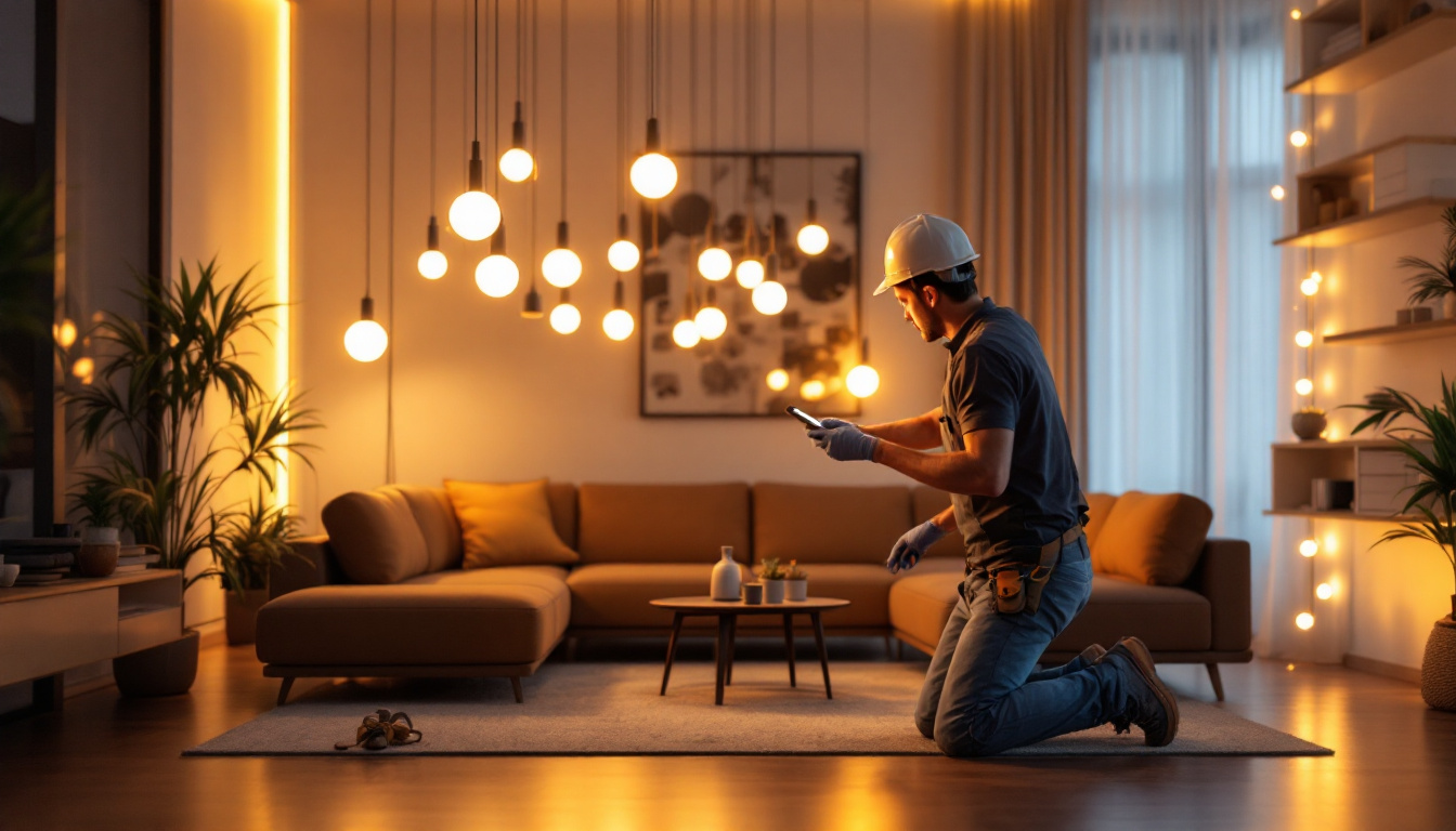 A photograph of a lighting contractor installing or showcasing vibrant led round lights in a modern residential or commercial space