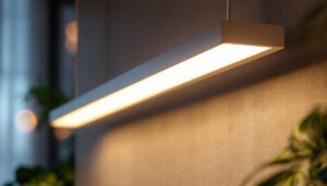 A photograph of a modern strip light fixture installed in a stylish and well-lit interior space
