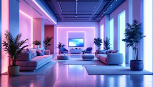 A photograph of a modern interior space featuring innovative uv lighting installations