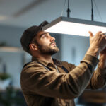 A photograph of a lighting contractor installing or adjusting a sleek