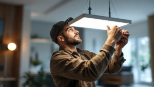 A photograph of a lighting contractor installing or adjusting a sleek