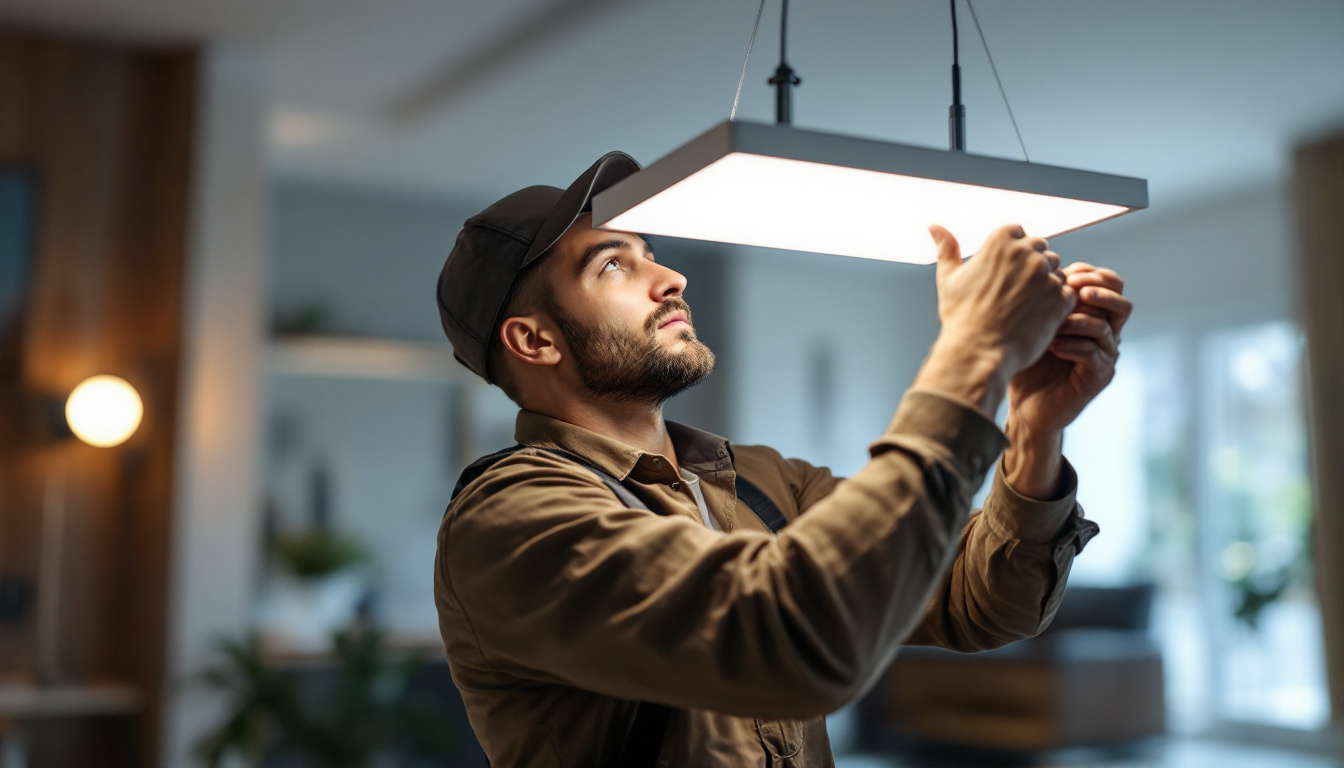 A photograph of a lighting contractor installing or adjusting a sleek