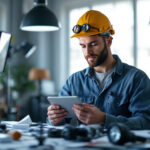 A photograph of a lighting contractor evaluating various lighting options