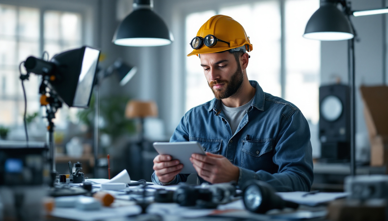 A photograph of a lighting contractor evaluating various lighting options
