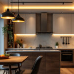 A photograph of a beautifully designed kitchen featuring recessed lighting