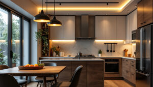 A photograph of a beautifully designed kitchen featuring recessed lighting