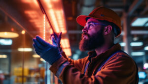 A photograph of a lighting contractor expertly installing or showcasing uv c lights in a commercial setting