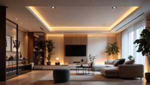 A photograph of a beautifully designed interior space featuring 4-inch led recessed can lights