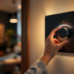 A photograph of a lighting contractor adjusting a stylish dimmer switch in a modern home setting