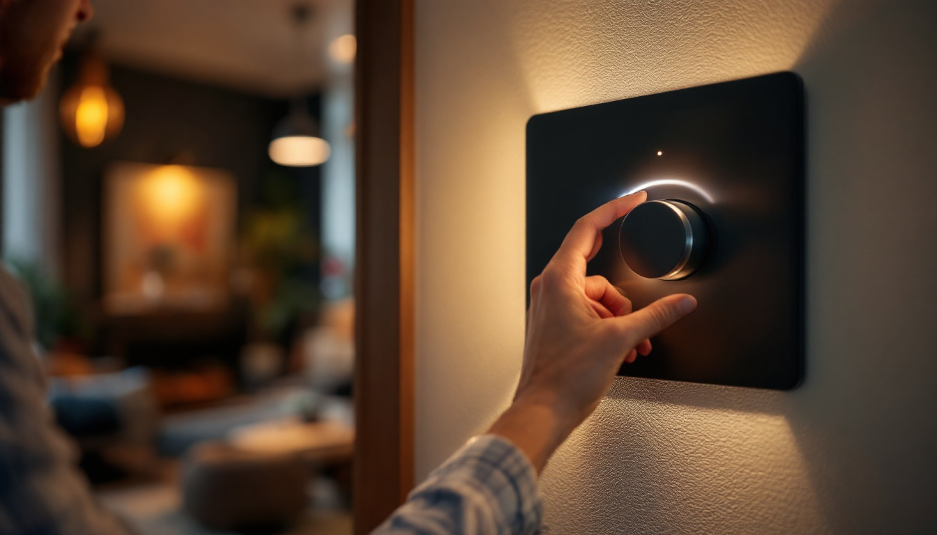 A photograph of a lighting contractor adjusting a stylish dimmer switch in a modern home setting