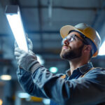 A photograph of a lighting contractor installing a t8 led fixture in a commercial setting