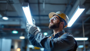 A photograph of a lighting contractor installing a t8 led fixture in a commercial setting