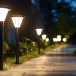 A photograph of a well-lit outdoor scene showcasing solar walk lights illuminating a pathway