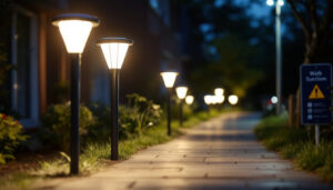 A photograph of a well-lit outdoor scene showcasing solar walk lights illuminating a pathway