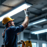 A photograph of a brightly lit workspace featuring a fluorescent tube ceiling light in action