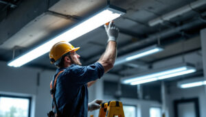 A photograph of a brightly lit workspace featuring a fluorescent tube ceiling light in action