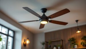 A photograph of a stylish industrial-looking ceiling fan installed in a modern space